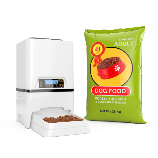 狗粮袋包装设计接近自动电子数字宠物干食品储存送粉机。3d渲染图片下载