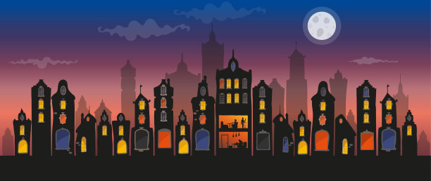 夜市的水平线与亮的窗户和咖啡馆里的人-平手绘矢量插图图片下载