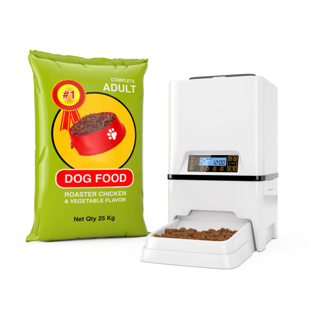 狗粮袋包装设计接近自动电子数字宠物干食品储存送粉机。3d渲染图片下载