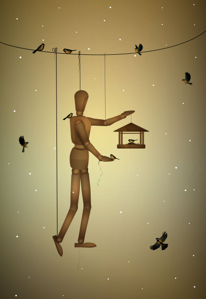 环保材料创意理念，木制牵线木偶为山雀喂食器，保护动物理念，创意解决生态理念，矢量图片下载