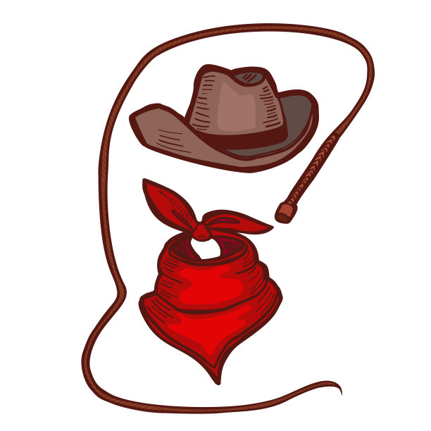 彩色牛仔帽头巾和鞭子在手绘风格图片下载