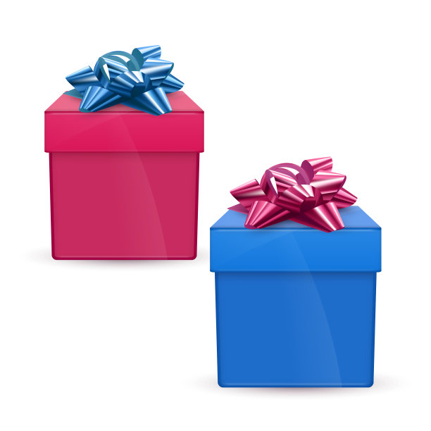 粉色和蓝色礼盒与蝴蝶结，现实的插图孤立在白色的背景图片下载