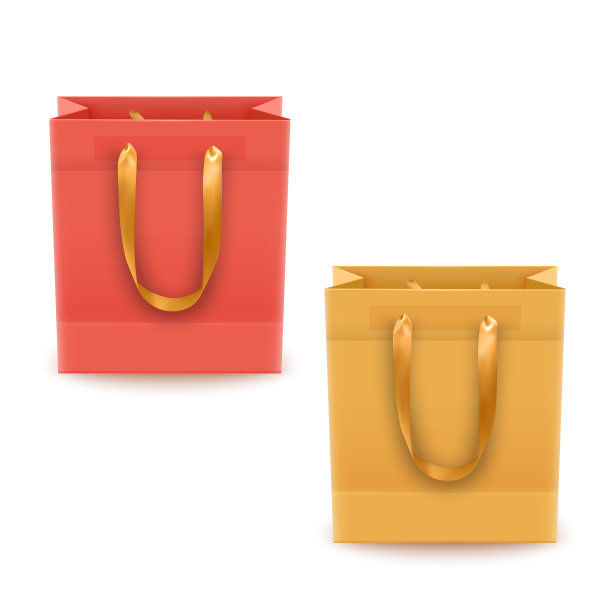 一套购物袋，塑料袋或纸袋，白色背景，黄色和橙色的购物袋图片下载