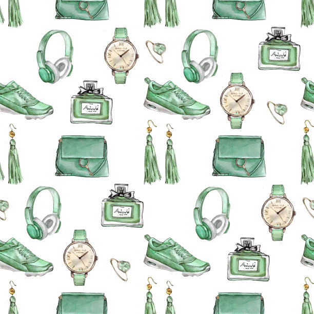 水彩时尚无缝图案。一套时髦的配饰。包包，耳环，手表，运动鞋，香水，戒指。手绘插图。——说明图片下载