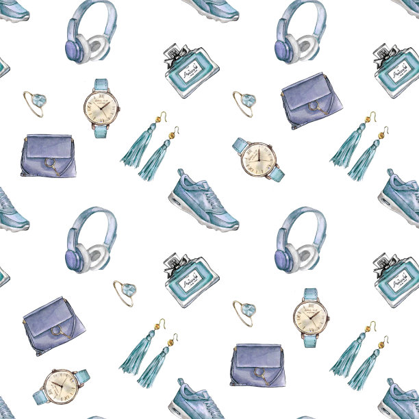 水彩时尚无缝图案。一套时髦的配饰。包包，耳环，手表，运动鞋，香水，戒指。手绘插图。——说明图片下载