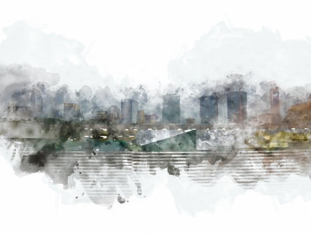 以城市抽象的色彩建筑为背景绘制水彩插画。图片下载