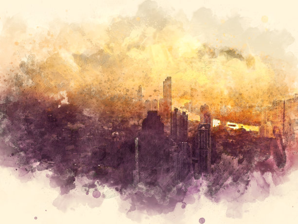 抽象办公楼以城市建筑为背景绘制水彩画。城市上的数字插画刷艺术。图片下载