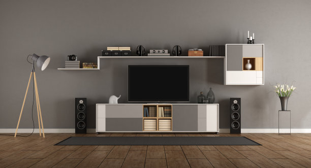 极简的房间与家庭影院系统图片下载