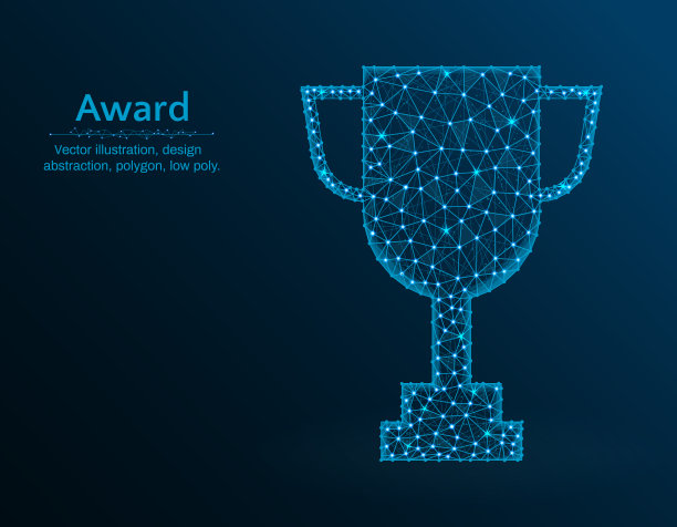 优胜者杯低多边形矢量插图，奖励多边形图标上的蓝色背景，抽象设计插图图片下载