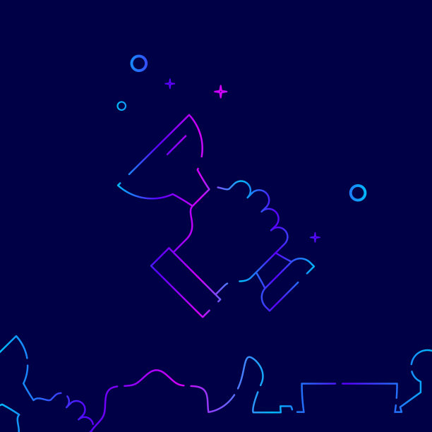 手与奖杯向量线图标，符号，象形图，在深蓝色的背景上签字。相关的底部边界图片下载