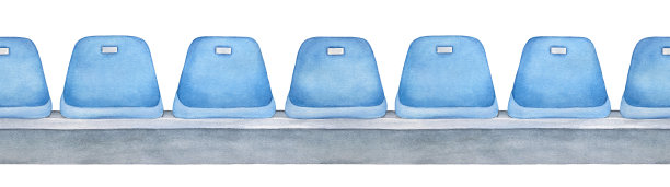 灰色站台上的淡蓝色空座位长而无缝的可重复线条。正面，没有人。图片下载