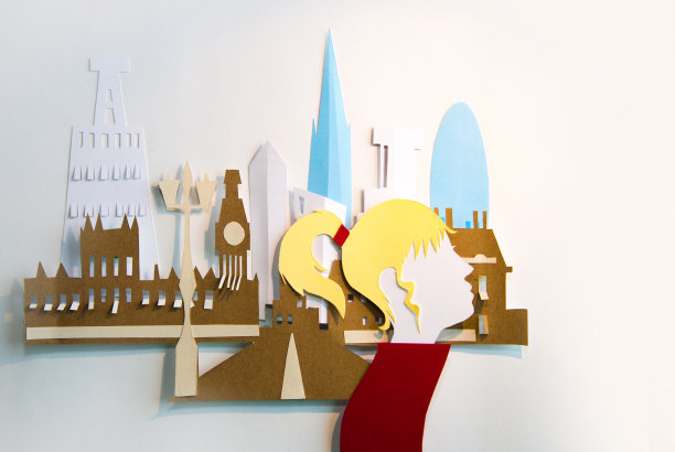 城里的年轻女士。剪纸设计背景图片下载