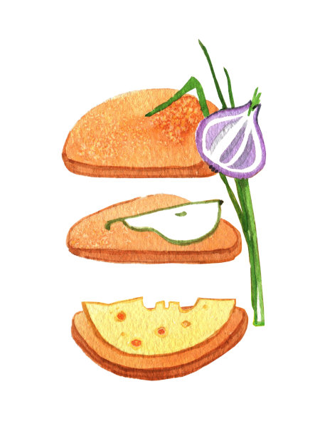 吐司配奶酪、梨、大蒜和绿色的杜可米图片下载