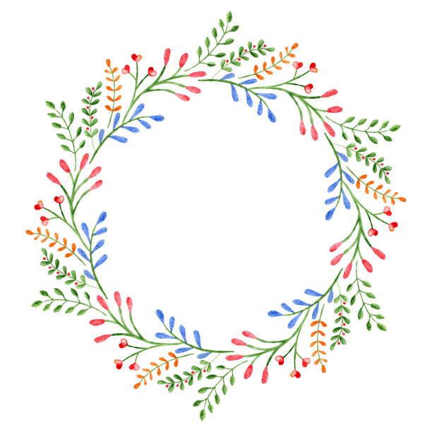 水彩花环。框架与春天的鲜花和树枝。圆形的手绘设计素材图片