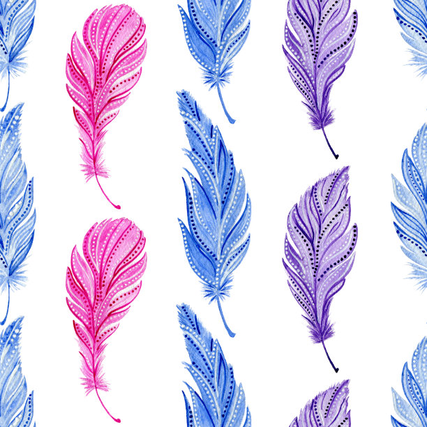 无缝图案与水彩蓝色，粉红色，紫色羽毛。放荡不羁的风格。手绘装饰图片下载