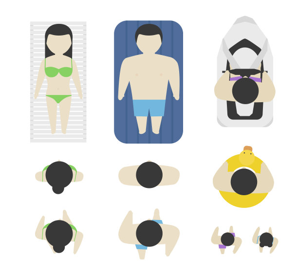 一组人从上面俯视。简单的风格。平面设计矢量插图。在沙滩上和水里休息时，在不同的男人和女人身上停留和行走。海滩小贩和孩子们。图片下载