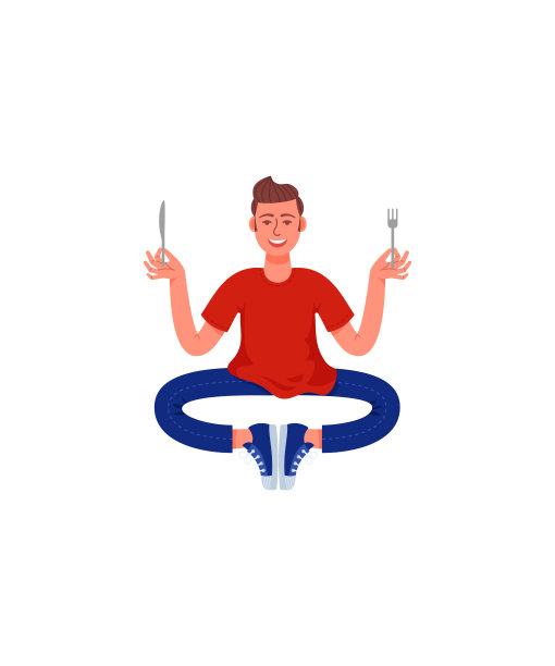 一个瘦削的男人，手里拿着刀叉，摆着沉思的姿势。一个人在吃饭前会沉思。图片下载