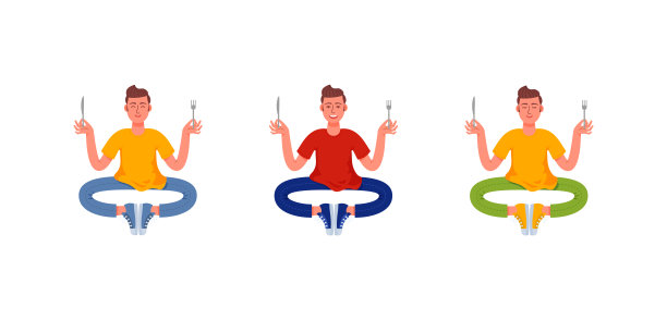 三个瘦削的男人坐在那里，手里拿着刀叉。一群饥饿的人。矢量图图片下载