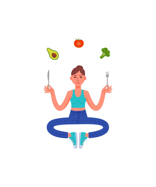 苗条的女人坐着沉思，手里拿着刀叉，吃着健康的食物。鳄梨,西兰花,西红柿。健康的生活方式。图片下载