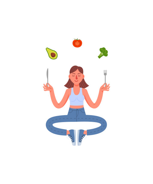 苗条的女人坐着沉思，手里拿着刀叉，吃着健康的食物。鳄梨,西兰花,西红柿。健康的生活方式。图片下载