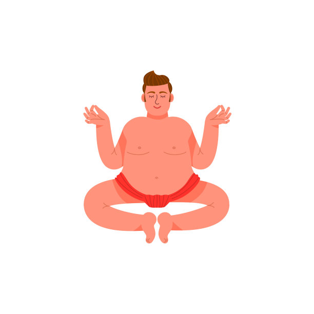 一个胖子缠着腰布，摆出莲花的姿势。一个胖胖的年轻人坐着，摆出沉思的姿势。矢量插图。图片下载