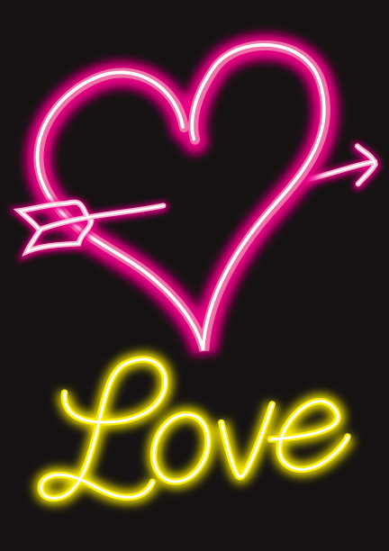 红色的心被写着爱的箭刺穿，就像霓虹灯一样图片下载