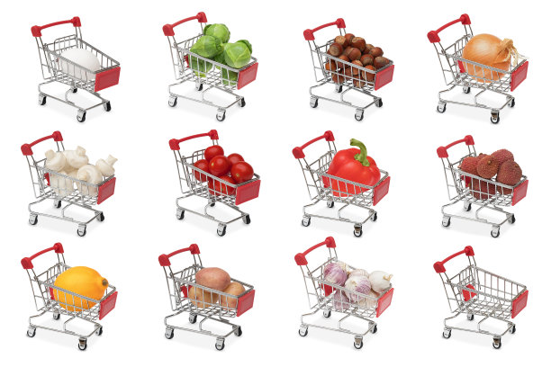 超市手推车里的水果和蔬菜图片下载