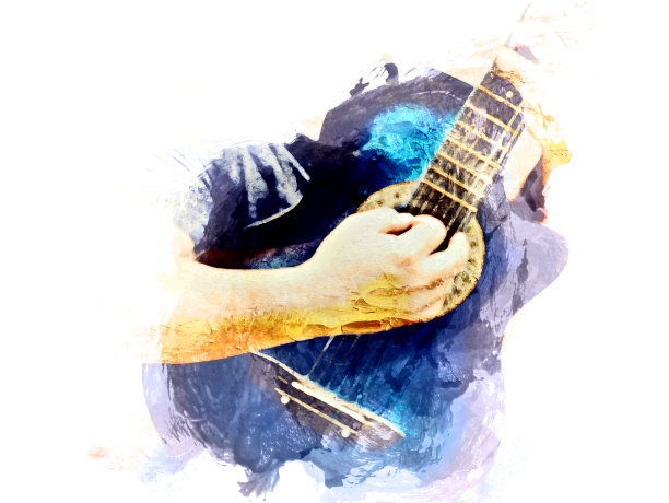 抽象的蓝色形体吉他手在水彩插画背景上弹奏原声吉他。图片下载