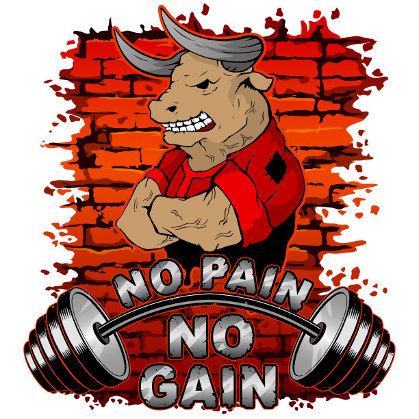 在砖墙背景上的一个杠铃和一只强壮的公牛的矢量插图。一分耕耘一分收获图片下载