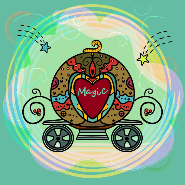 卡通灰姑娘南瓜马车。公主梦幻马车。婚礼复古马车与卷发。矢量插图。——矢量图片下载