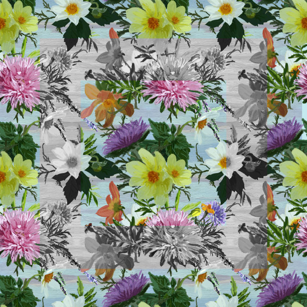 无缝图案:粉红色和紫色紫苑，红色和黄色科米，白色雏菊和橙色金盏花素材图片