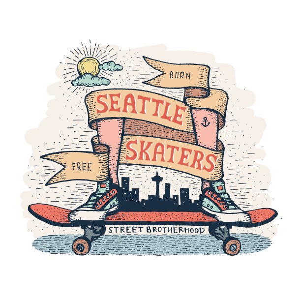 脚在运动鞋站在滑板上，周围的纹章缎带图片下载