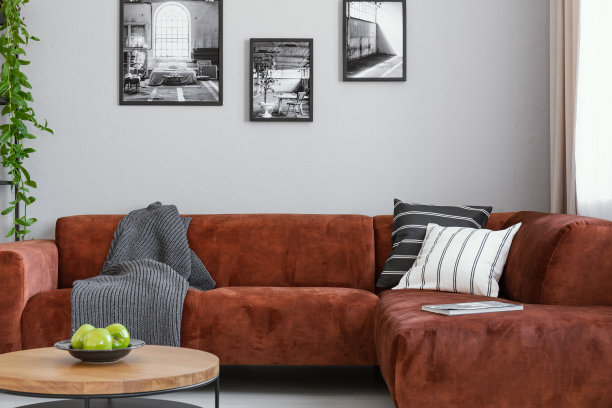 黑白照片画廊上面的棕色天鹅绒角落沙发与枕头和毯子图片下载