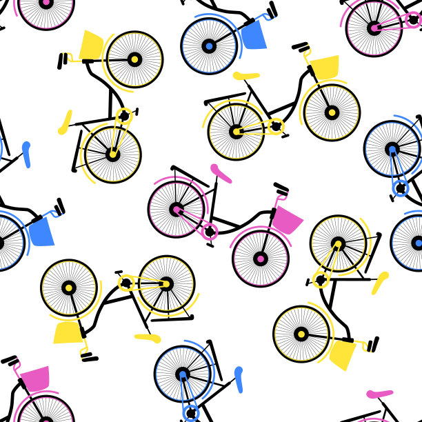 彩色自行车与篮子无缝矢量模式图片下载
