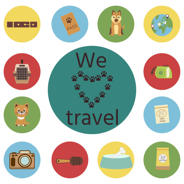 动物运输的平面风格图标和文字“我们爱旅行”。图片下载