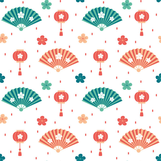 可爱的东方无缝矢量图案背景插图与扇子，中国灯笼，鲜花和五彩纸屑图片下载