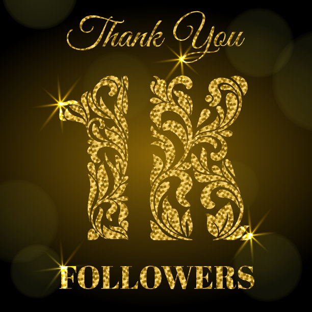 1 k的追随者。谢谢你旗帜。装饰字体与漩涡和图片下载