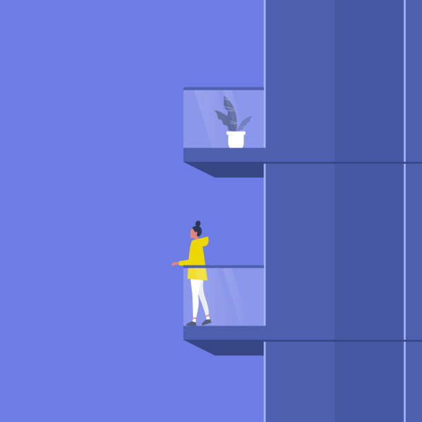 带阳台的建筑，侧视图。一个站在露台上的女性角色。房地产开发。体系结构。平面可编辑矢量插图，剪辑艺术图片下载