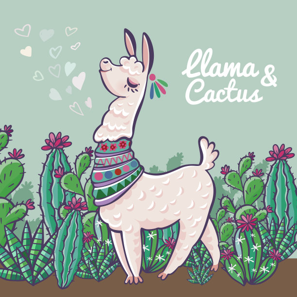 可爱的喇嘛，仙人掌和爱心。时尚的纺织品设计的衬衫，连衣裙，包和地毯图片下载