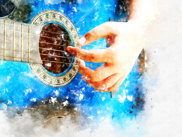 抽象的蓝色形体吉他手在水彩插画背景上弹奏原声吉他。图片下载