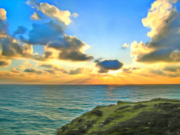 画水彩。抽象的海上景观。图片下载