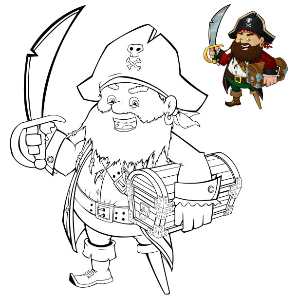 着色页的卡通海盗与宝藏。儿童填色书设计。图片下载