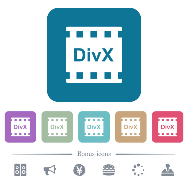 彩色圆角正方形背景上的DivX电影格式扁平图标图片下载