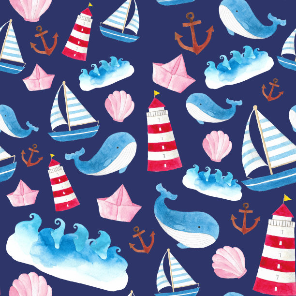 水彩手绘海洋元素无缝背景（海浪、帆船、鲸鱼、灯塔、锚、贝类）图片下载