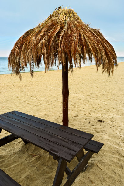 波罗的海沿岸的棕榈叶沙滩伞。图片下载