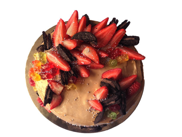 扁平蛋糕与草莓，饼干和果冻球图片下载