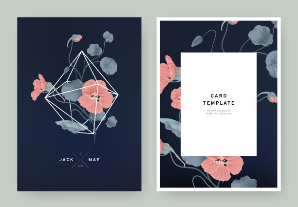 花卉婚礼邀请卡模板设计，红色Tropaeolum花在白色多边形形状在深蓝色背景，柔和的复古风格图片下载