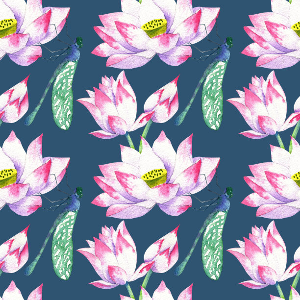 花与荷花水彩无缝图案图片下载