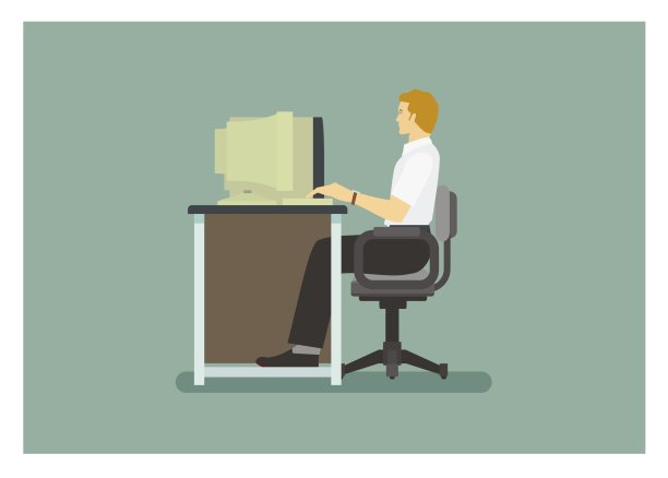 男员工在一台旧电脑上打字图片下载