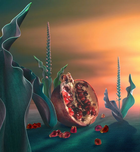 夕阳与巨大的超现实的石榴图片下载